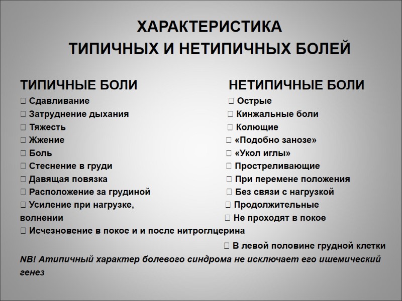 ХАРАКТЕРИСТИКА  ТИПИЧНЫХ И НЕТИПИЧНЫХ БОЛЕЙ  ТИПИЧНЫЕ БОЛИ     